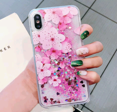Pink Peony Glitter iPhone Case – Liquid Sand Sparkle Cover Glitter Phone Case Axl Pink peach iPhone11Promax