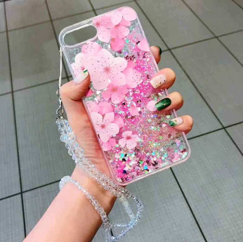 Pink Peony Glitter iPhone Case – Liquid Sand Sparkle Cover Glitter Phone Case Axl