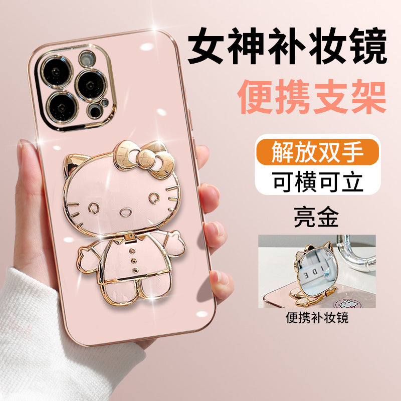 Cute Cat Phone Case for iPhone 14/15 Pro Max with Stand Axl -Straight edge plating-bright gold [K cat makeup mirror bracket]] / iPhone 11 Pro