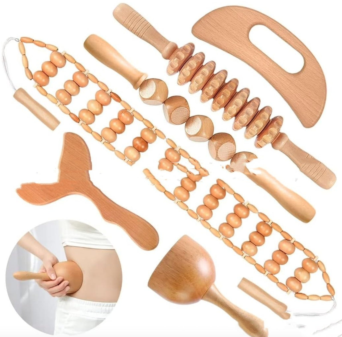 Wooden Anti-Cellulite Massage Roller Set Axl Birch Six piece set