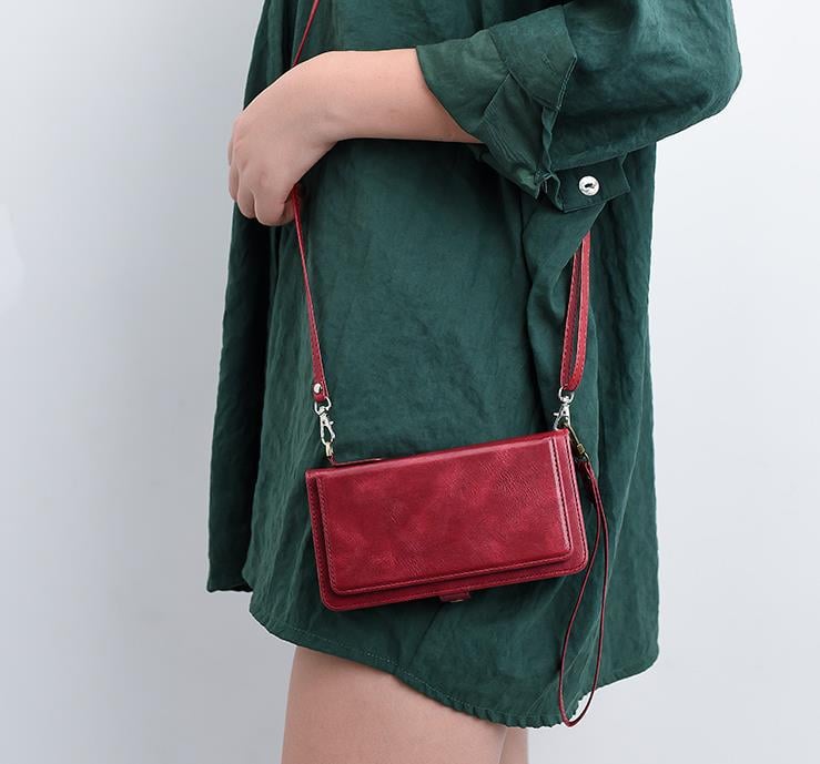 Flip Leather Messenger Bag Phone Case for Apple Devices Axl Wine Red / iPhone 12 Pro