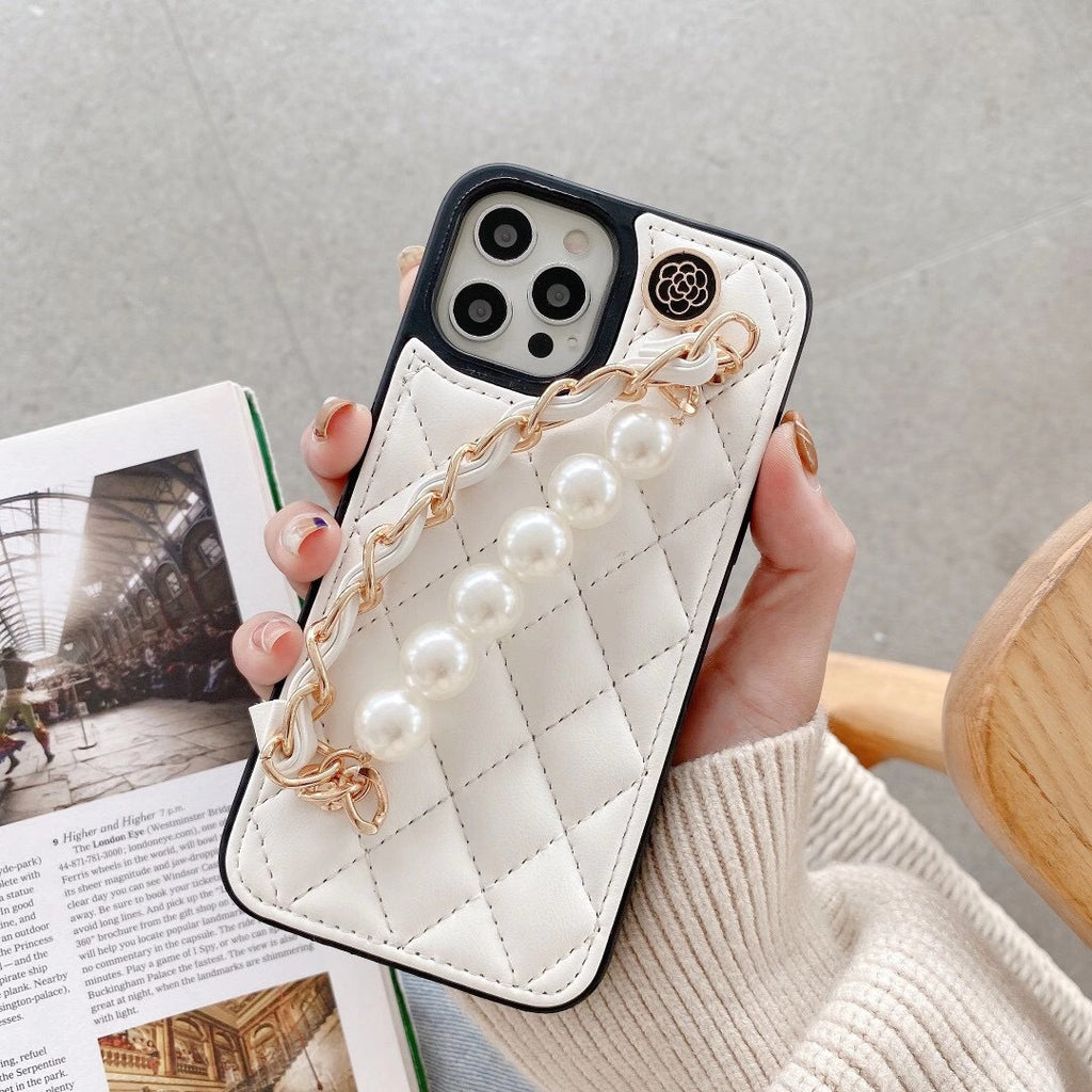 Pearl Bracelet Leather Phone Case – Full Cover Wrist Strap
