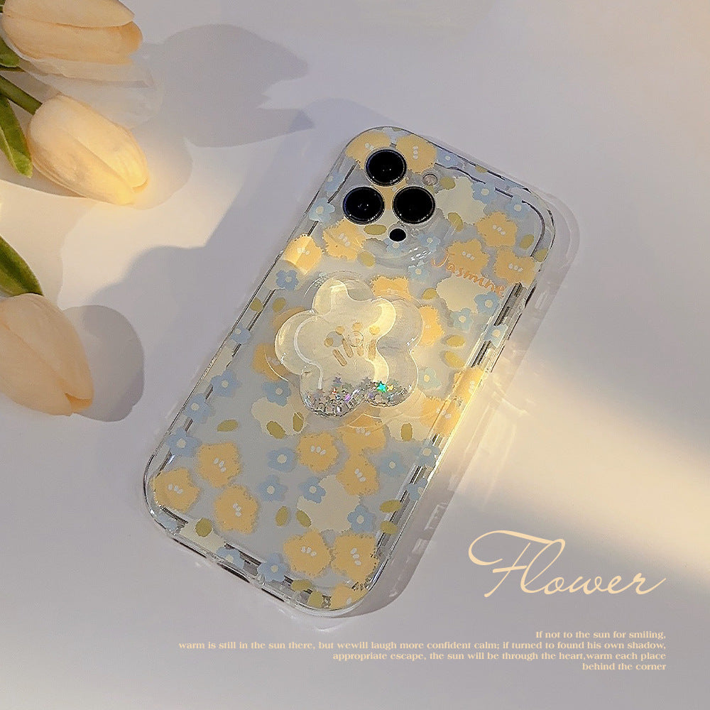 Floral Shell Case for iPhone 13/14/15 Pro Max Axl Light yellow flower + yellow flower bracket / 12pro max (6.7)