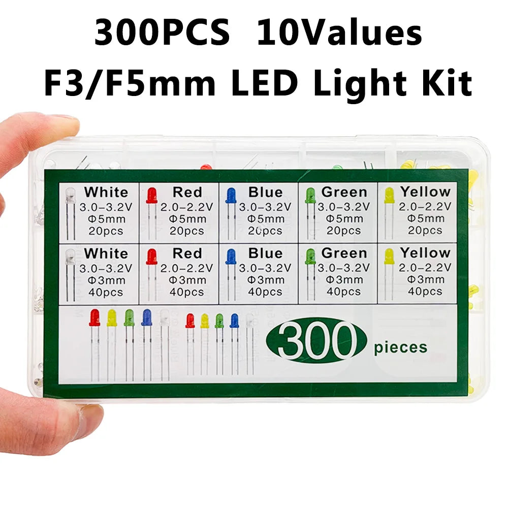 300PCS LED Kit – F3mm & F5mm, 5 Colors, 10 Values Assorted LED Assortment Kit Axl