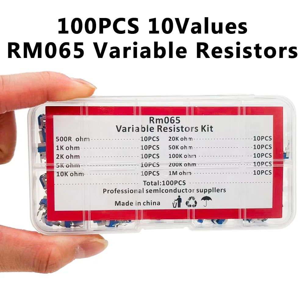 100Pcs RM065 Variable Resistor Kit – 10 Values 500R–1M Trimmer Potentiometer Kit Axl