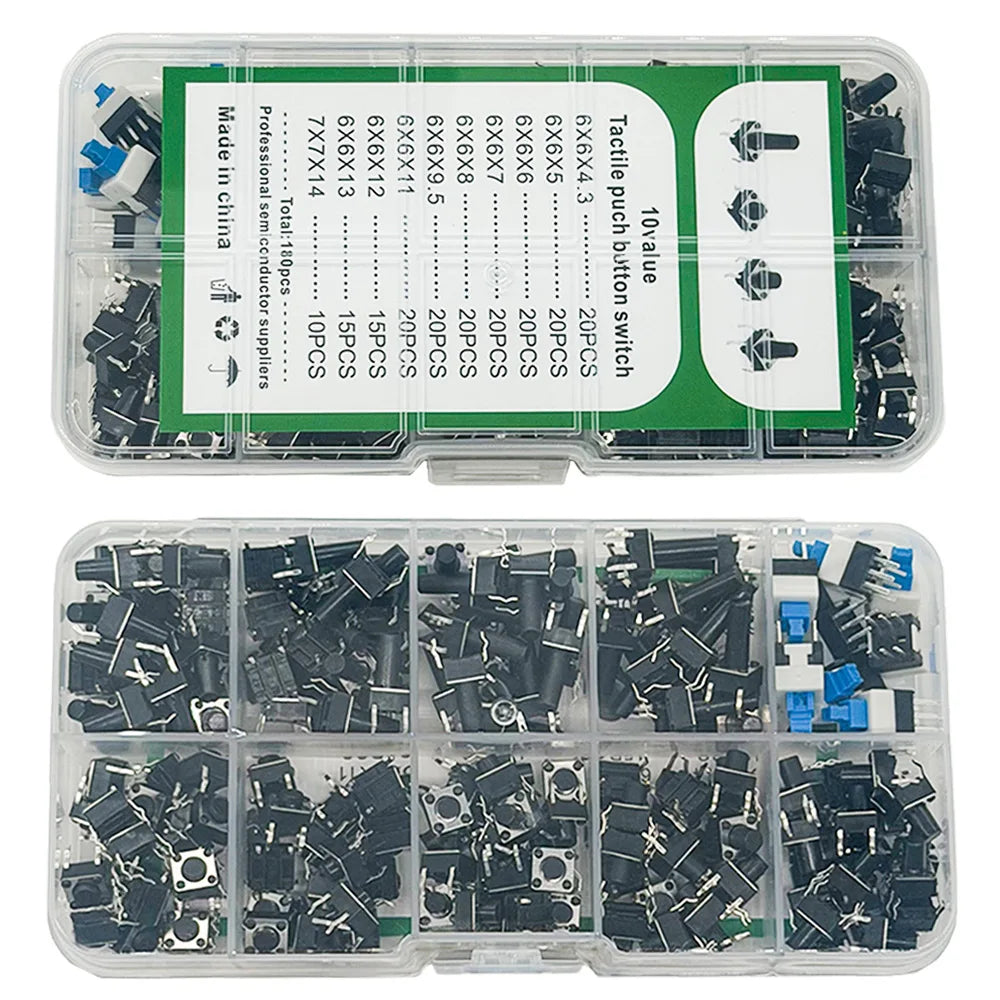 180PCS Micro Tactile Push Button Switch Kit – 10 Types 6x6mm Tactile Switch Kit Axl