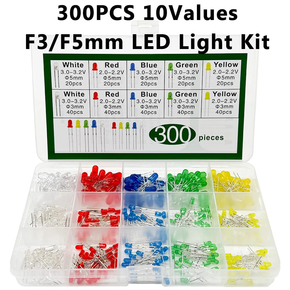 300PCS LED Kit – F3mm & F5mm, 5 Colors, 10 Values Assorted LED Assortment Kit Axl Default Title