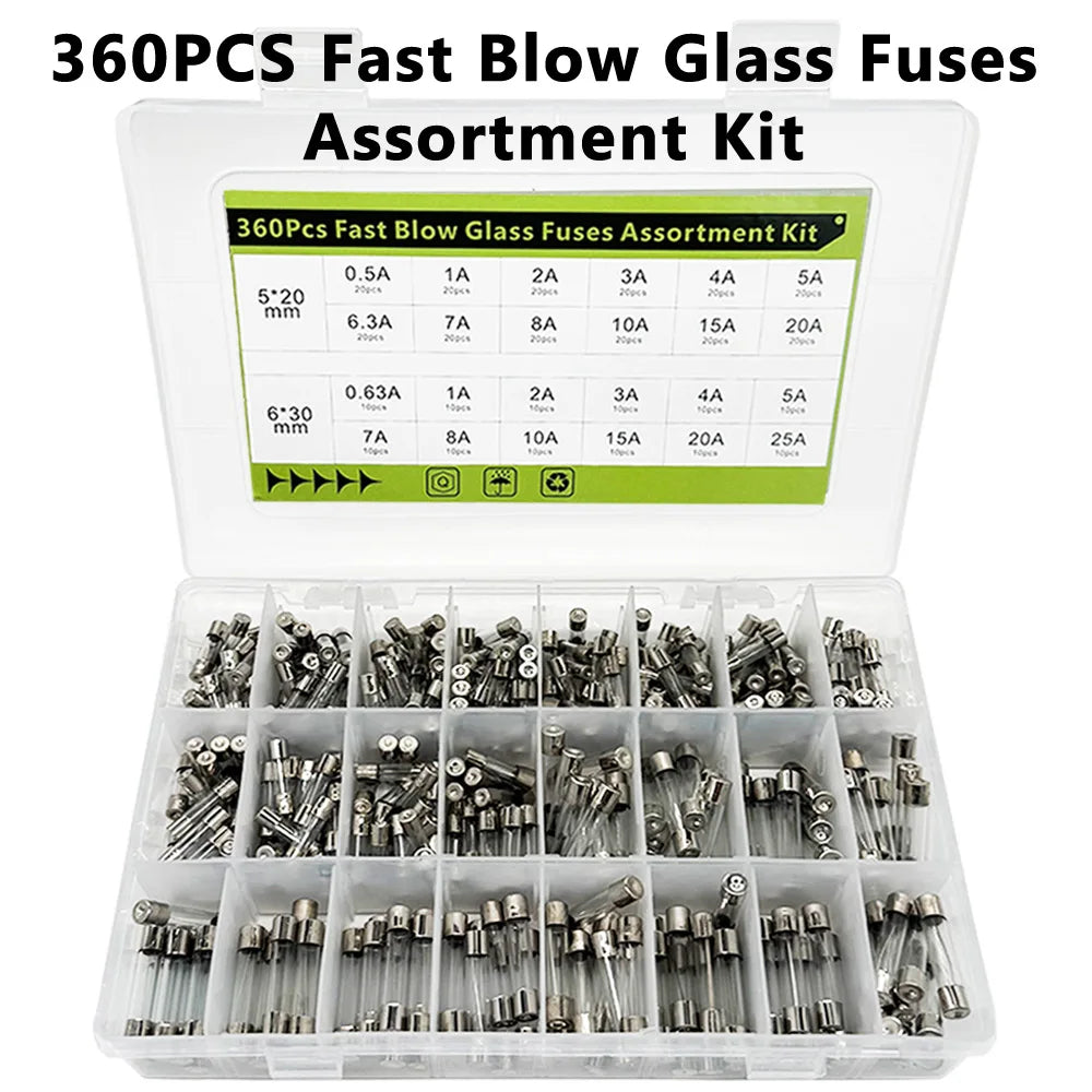 360 Pcs Glass Tube Fuses Assortment Kit – 24 Values 250V Glass Fuse Kit Axl