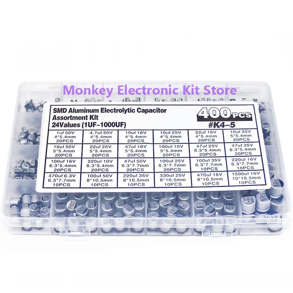 400PCS SMD Electrolytic Capacitor Kit – 24 Values 1µF–1000µF Capacitor Assortment Kit Axl