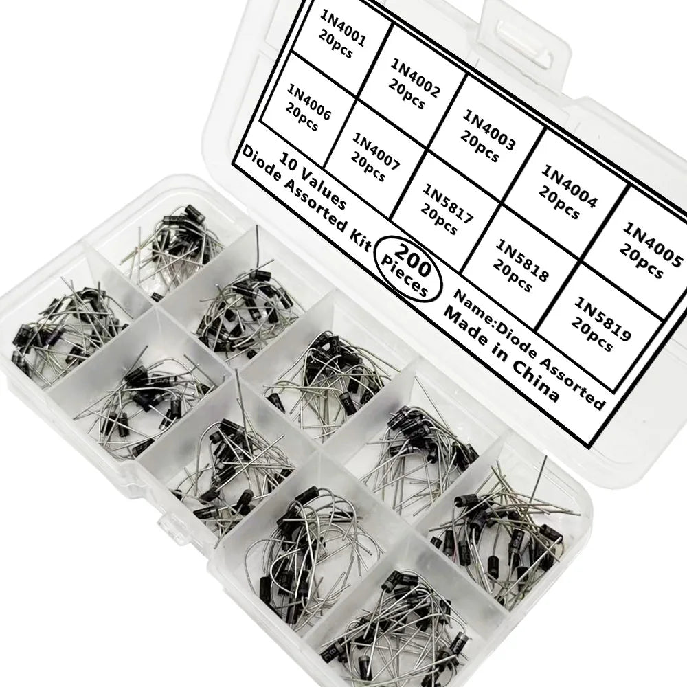 200PCS Rectifier Diode Kit – 10 Values 1N4001–1N5819 Assortment Rectifier Diode Kit Axl