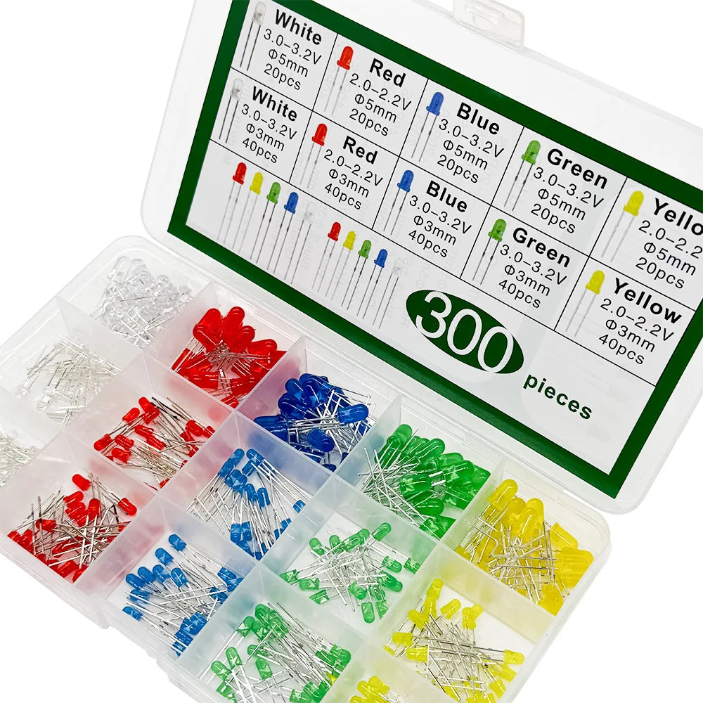 300PCS LED Kit – F3mm & F5mm, 5 Colors, 10 Values Assorted LED Assortment Kit Axl