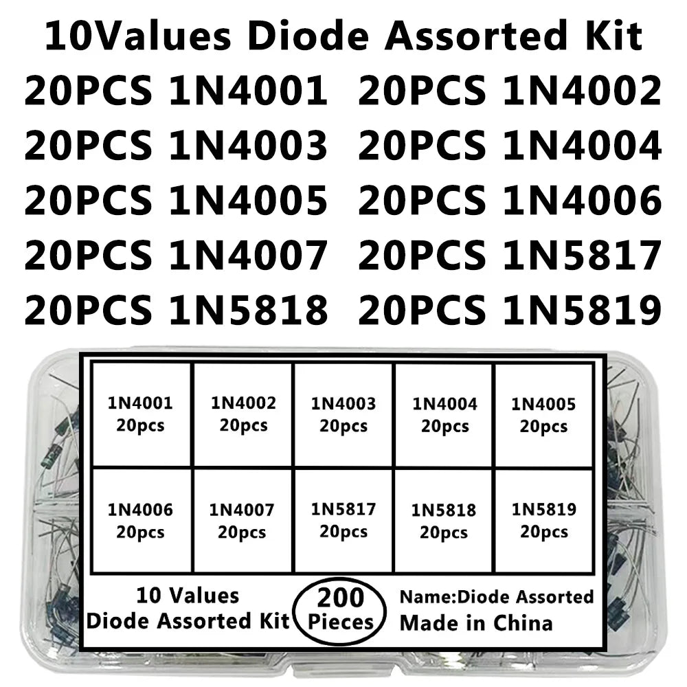200PCS Rectifier Diode Kit – 10 Values 1N4001–1N5819 Assortment Rectifier Diode Kit Axl