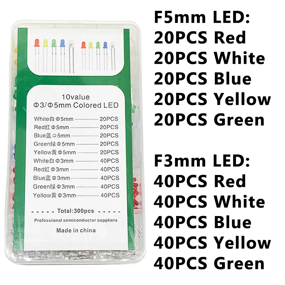 300PCS LED Kit – F3mm & F5mm, 5 Colors, 10 Values Assorted LED Assortment Kit Axl