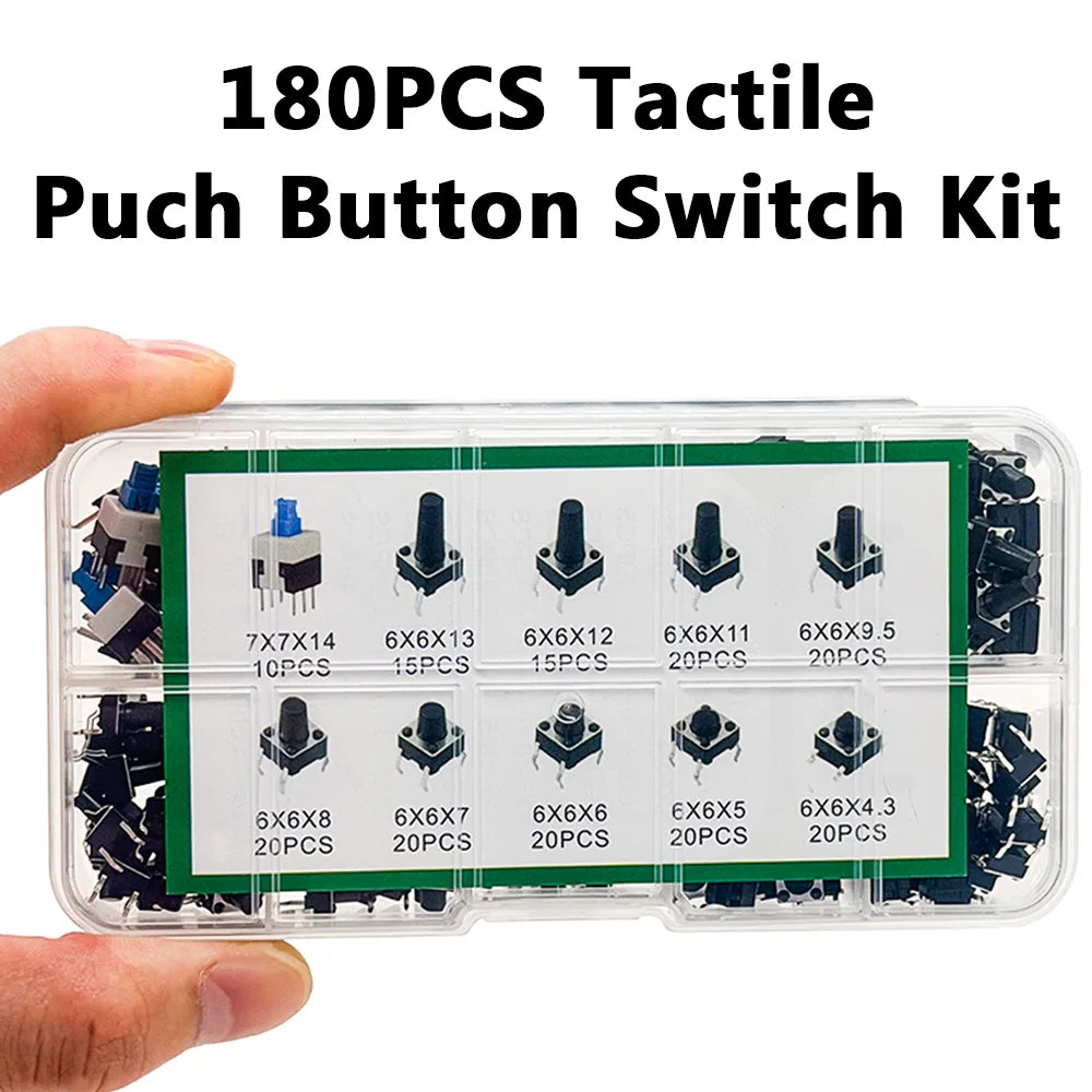 180PCS Micro Tactile Push Button Switch Kit – 10 Types 6x6mm Tactile Switch Kit Axl