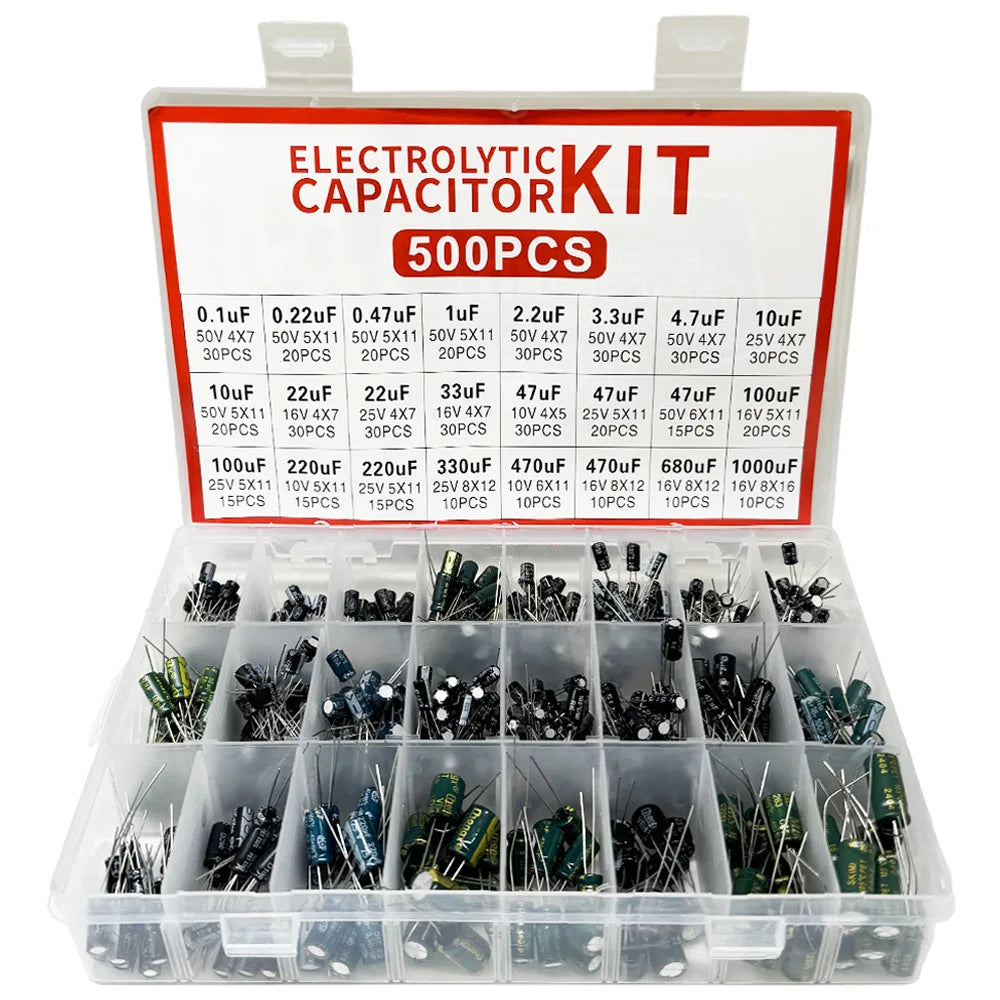 500pcs Electrolytic Capacitor Kit – 24 Values 0.1µF–1000µF DIP Capacitor Assortment Kit Axl