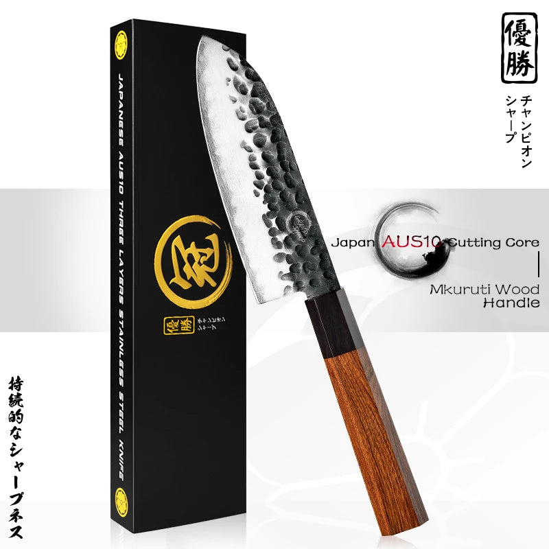 Grandsharp 5" Santoku Knife – AUS-10 Steel & Wooden Saya Box Santoku Kitchen Knife Axl