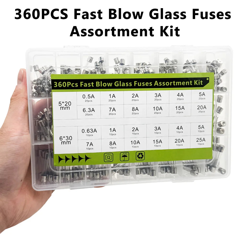 360 Pcs Glass Tube Fuses Assortment Kit – 24 Values 250V Glass Fuse Kit Axl