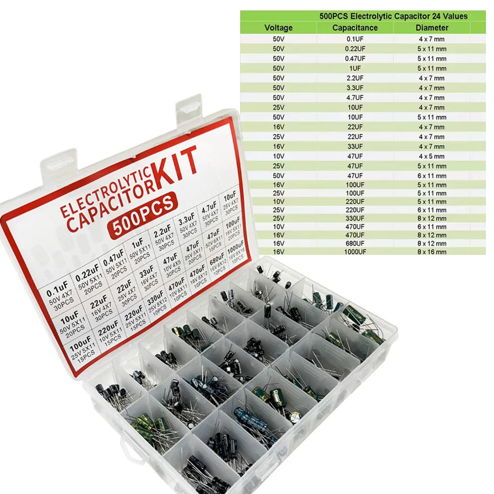 500pcs Electrolytic Capacitor Kit – 24 Values 0.1µF–1000µF DIP Capacitor Assortment Kit Axl