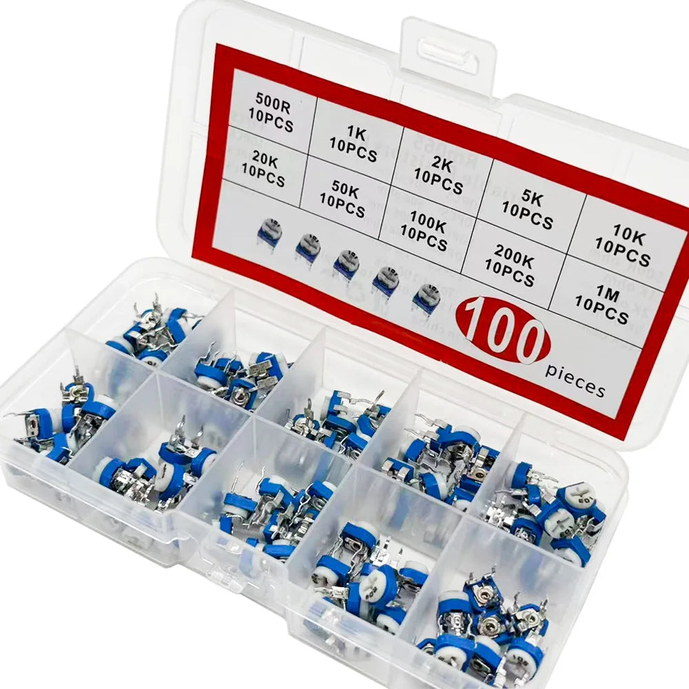 100Pcs RM065 Variable Resistor Kit – 10 Values 500R–1M Trimmer Potentiometer Kit Axl