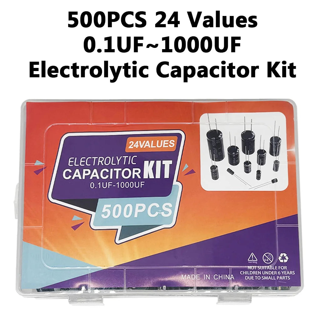 500pcs Electrolytic Capacitor Kit – 24 Values 0.1µF–1000µF DIP Capacitor Assortment Kit Axl