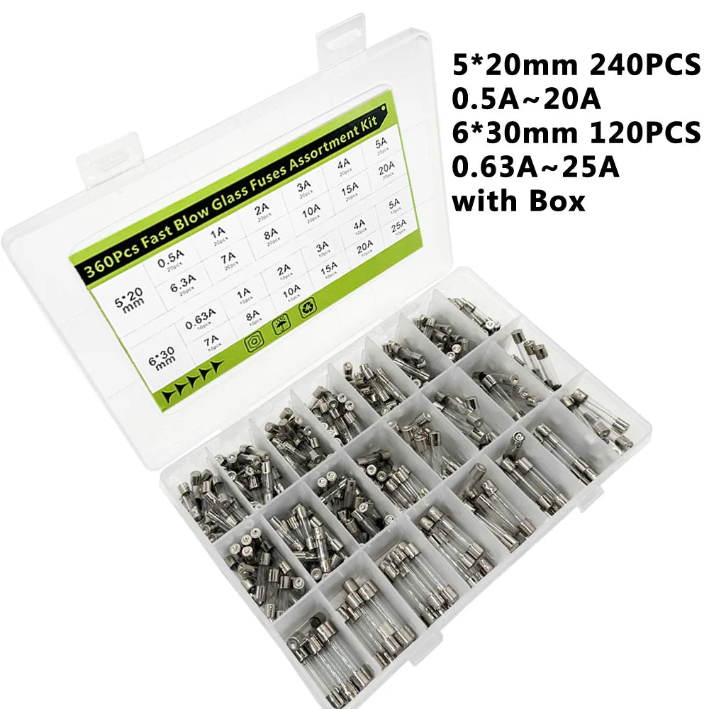 360 Pcs Glass Tube Fuses Assortment Kit – 24 Values 250V Glass Fuse Kit Axl 360PCS Fuse Kit