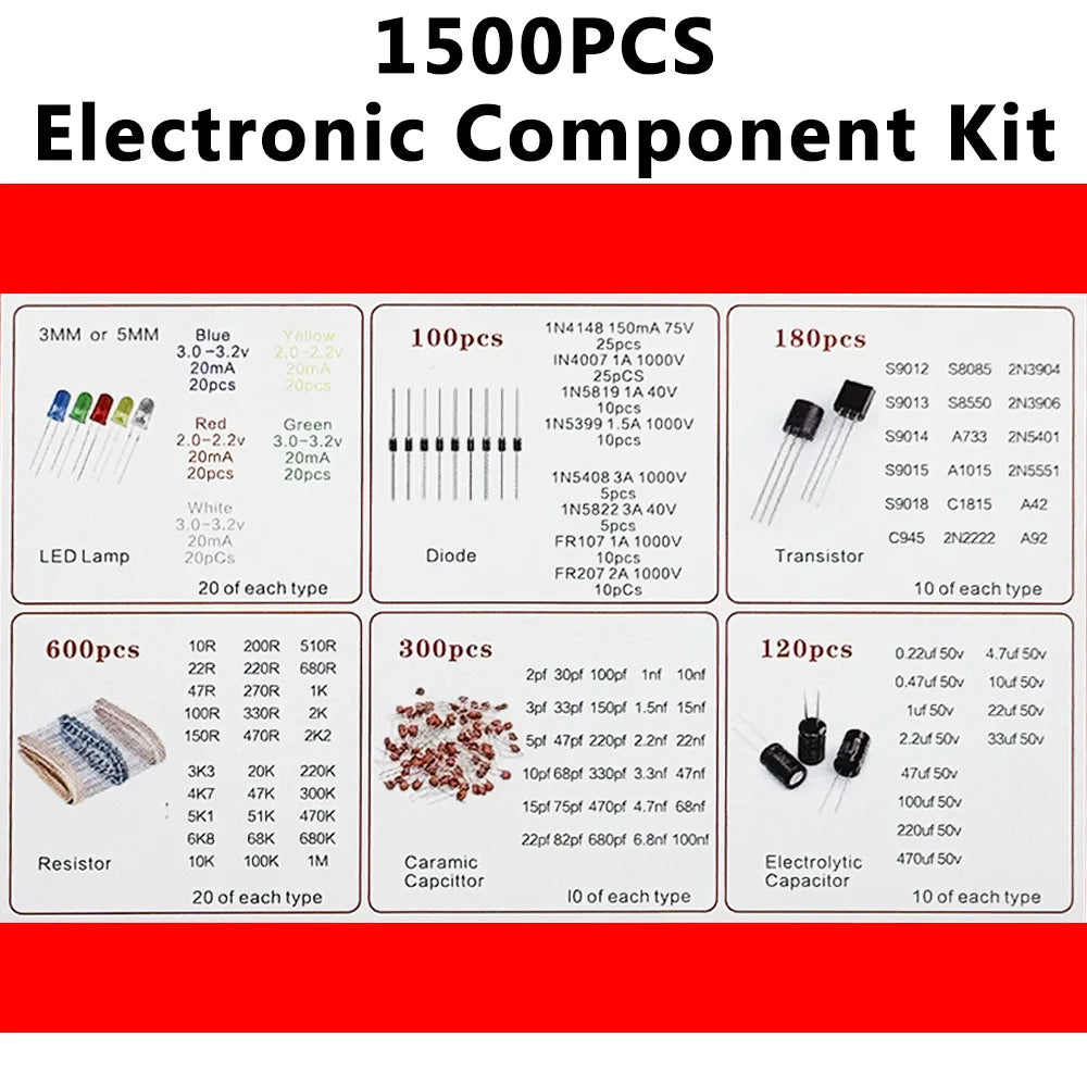 1500 Pcs Electronic Components Kit – LEDs, Resistors & Capacitors Electronic Components Kit Axl