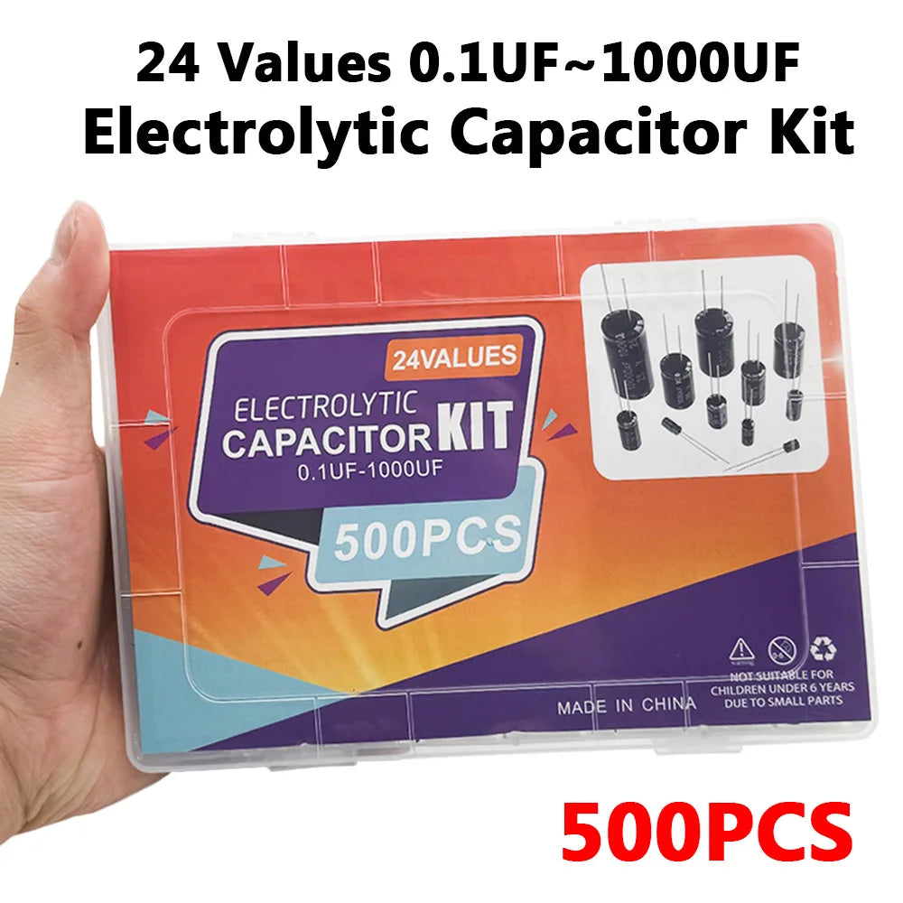 500pcs Electrolytic Capacitor Kit – 24 Values 0.1µF–1000µF DIP Capacitor Assortment Kit Axl