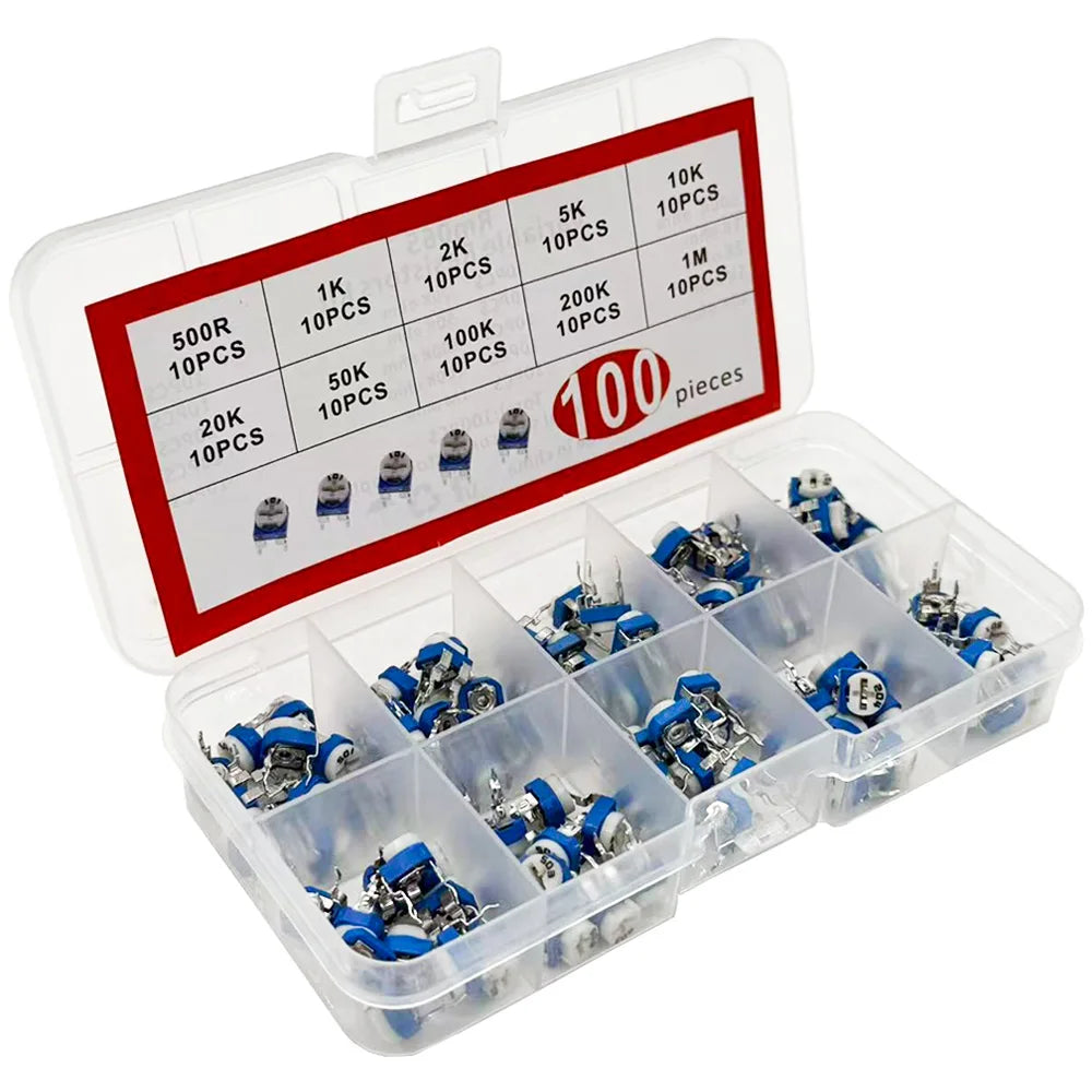100Pcs RM065 Variable Resistor Kit – 10 Values 500R–1M Trimmer Potentiometer Kit Axl