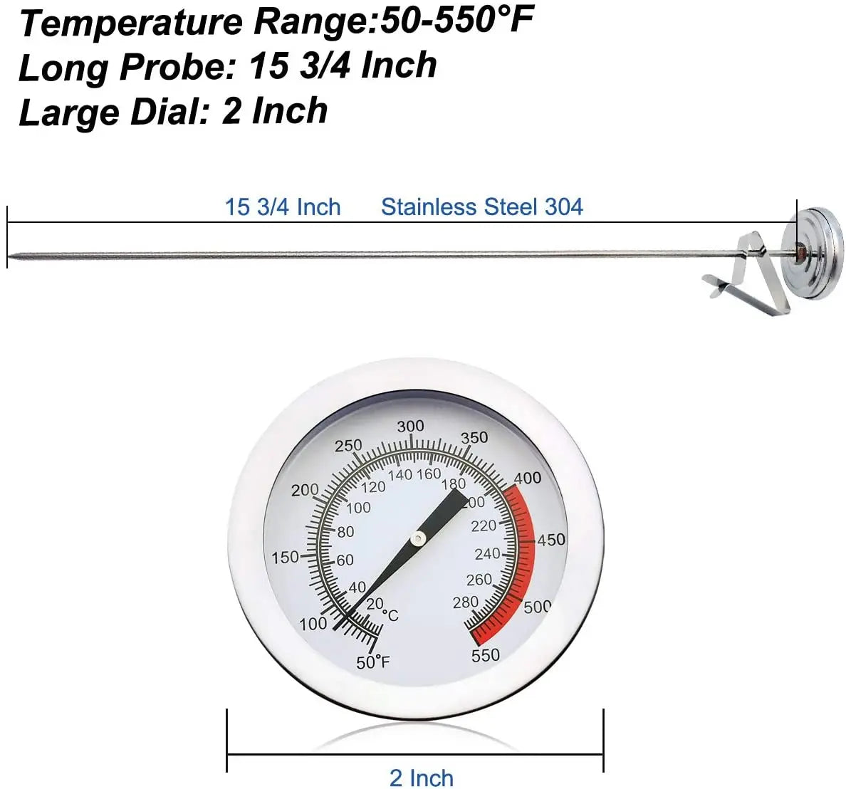 Deep Fry Dial Thermometer – 40cm Stainless Steel Probe 550°F Kitchen Thermometer Axl