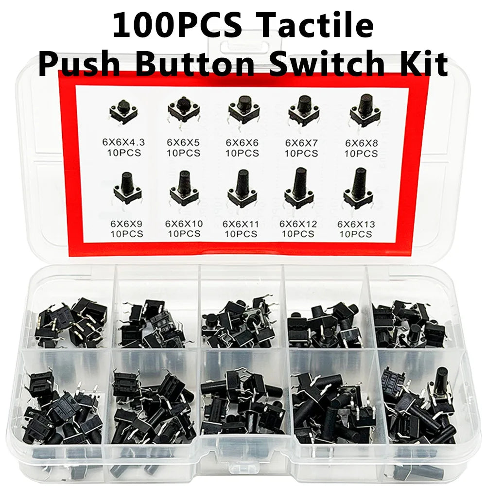 100PCS 6x6 Tactile Push Button Switch Kit – 10 Types DIY Set Switch Component Kit Axl Default Title
