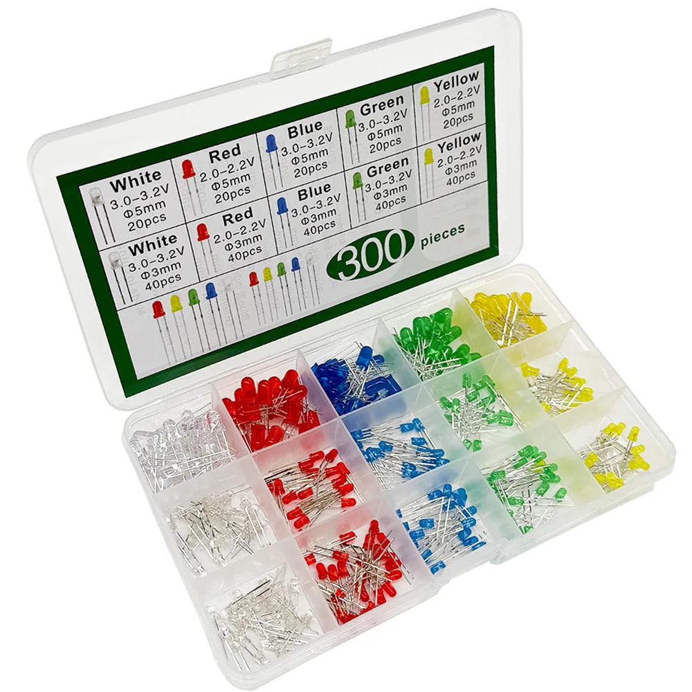 300PCS LED Kit – F3mm & F5mm, 5 Colors, 10 Values Assorted LED Assortment Kit Axl