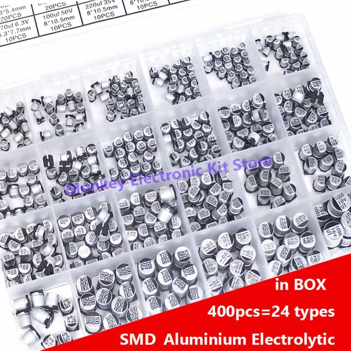 400PCS SMD Electrolytic Capacitor Kit – 24 Values 1µF–1000µF Capacitor Assortment Kit Axl Default Title