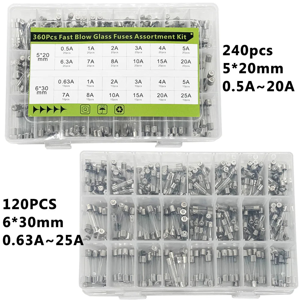 360 Pcs Glass Tube Fuses Assortment Kit – 24 Values 250V Glass Fuse Kit Axl