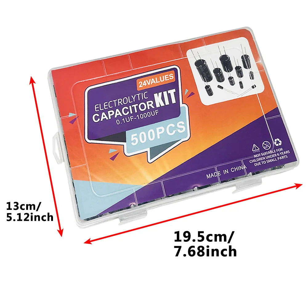 500pcs Electrolytic Capacitor Kit – 24 Values 0.1µF–1000µF DIP Capacitor Assortment Kit Axl