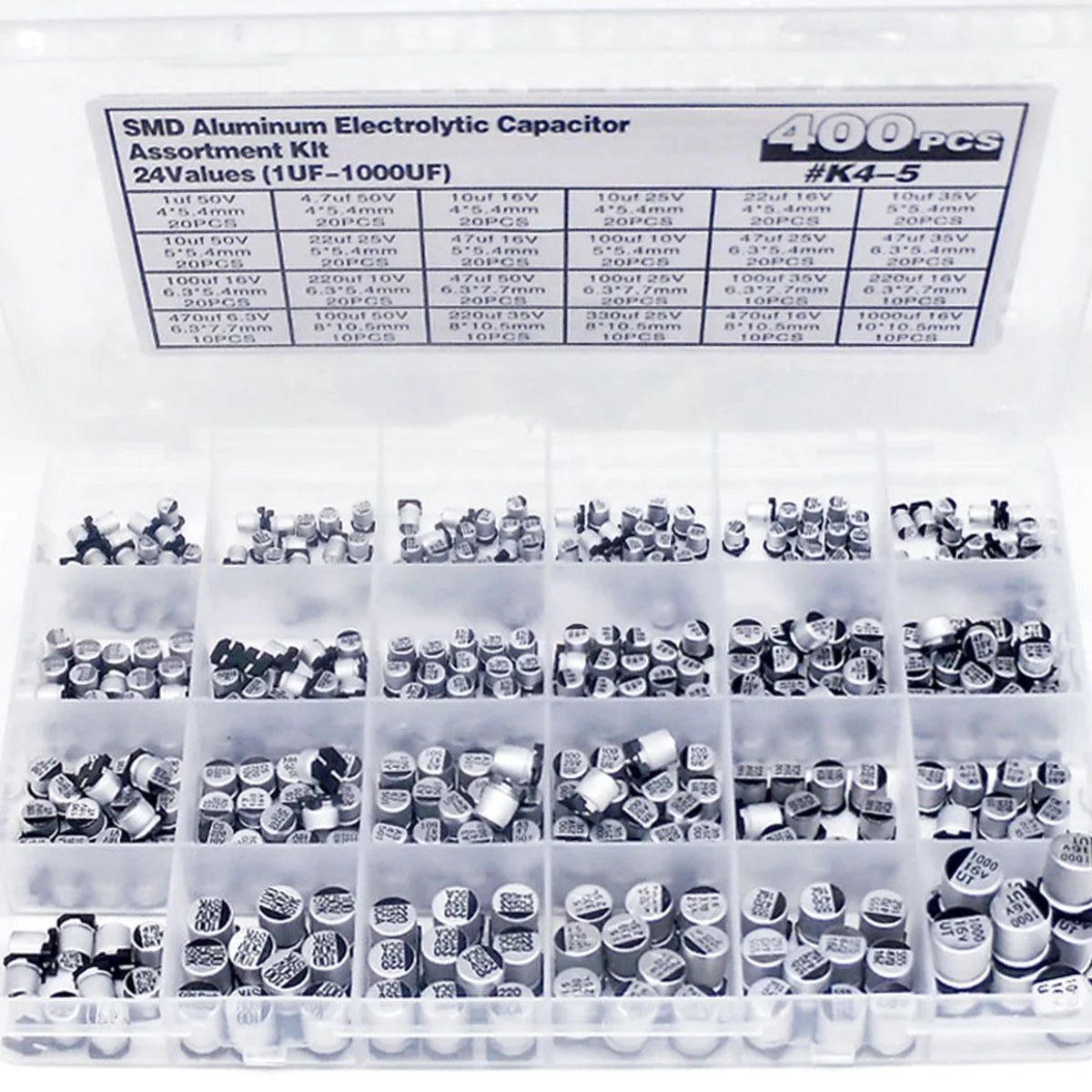 400PCS SMD Electrolytic Capacitor Kit – 24 Values 1µF–1000µF Capacitor Assortment Kit Axl