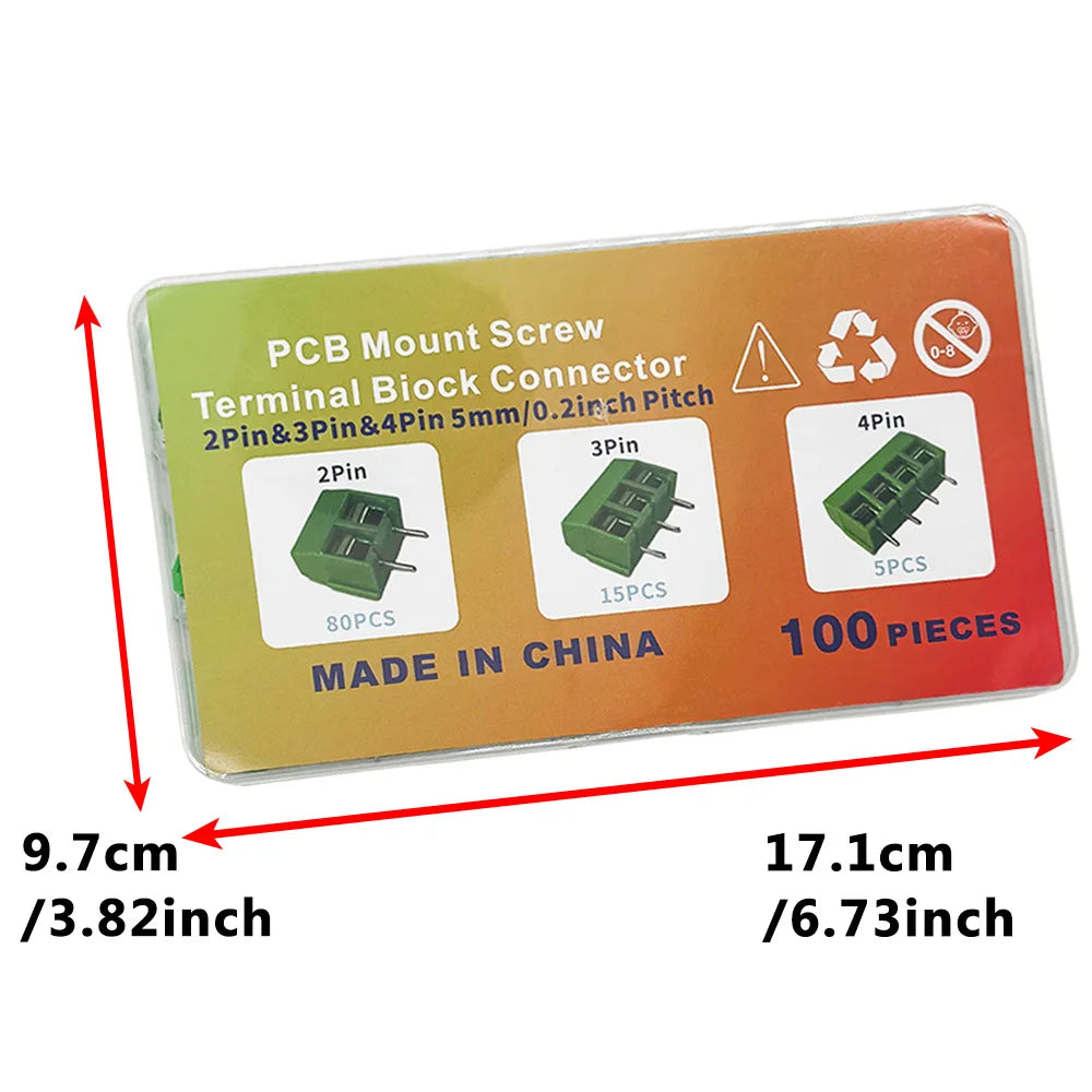 100PCS PCB Screw Terminal Block Kit KF301 2P 3P 4P 5.08mm PCB Terminal Block Kit Axl