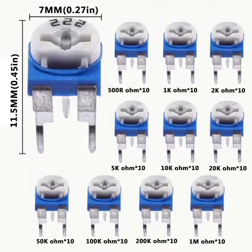 100Pcs RM065 Variable Resistor Kit – 10 Values 500R–1M Trimmer Potentiometer Kit Axl