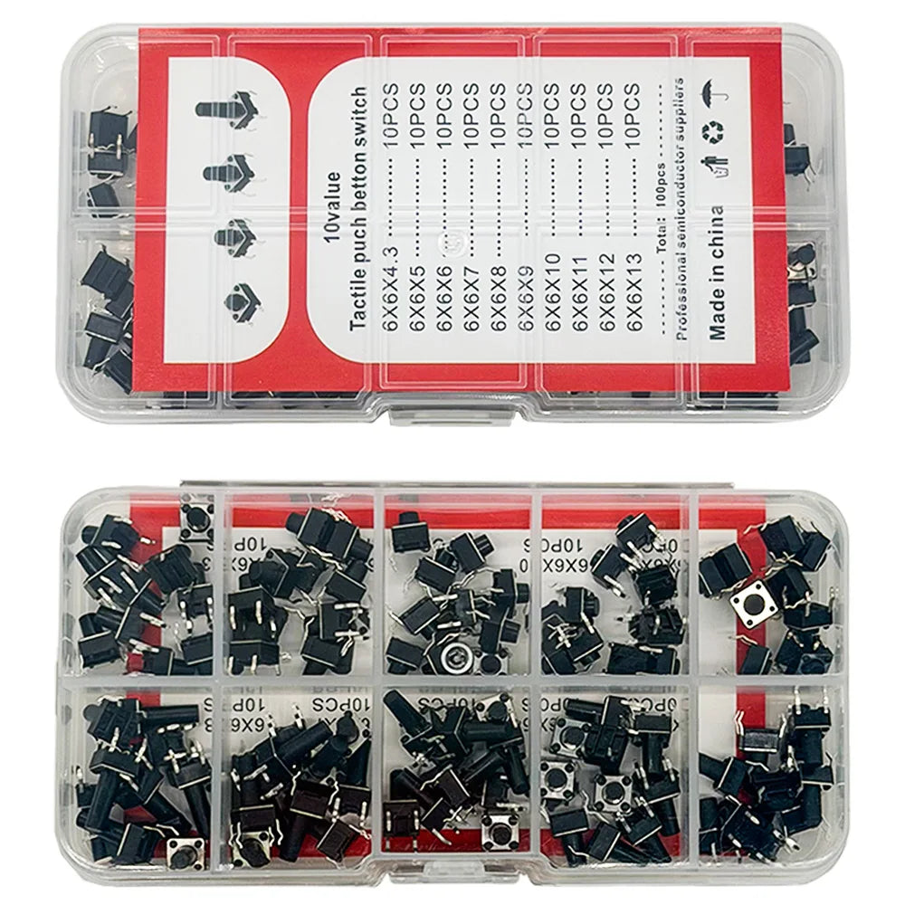 100PCS 6x6 Tactile Push Button Switch Kit – 10 Types DIY Set Switch Component Kit Axl