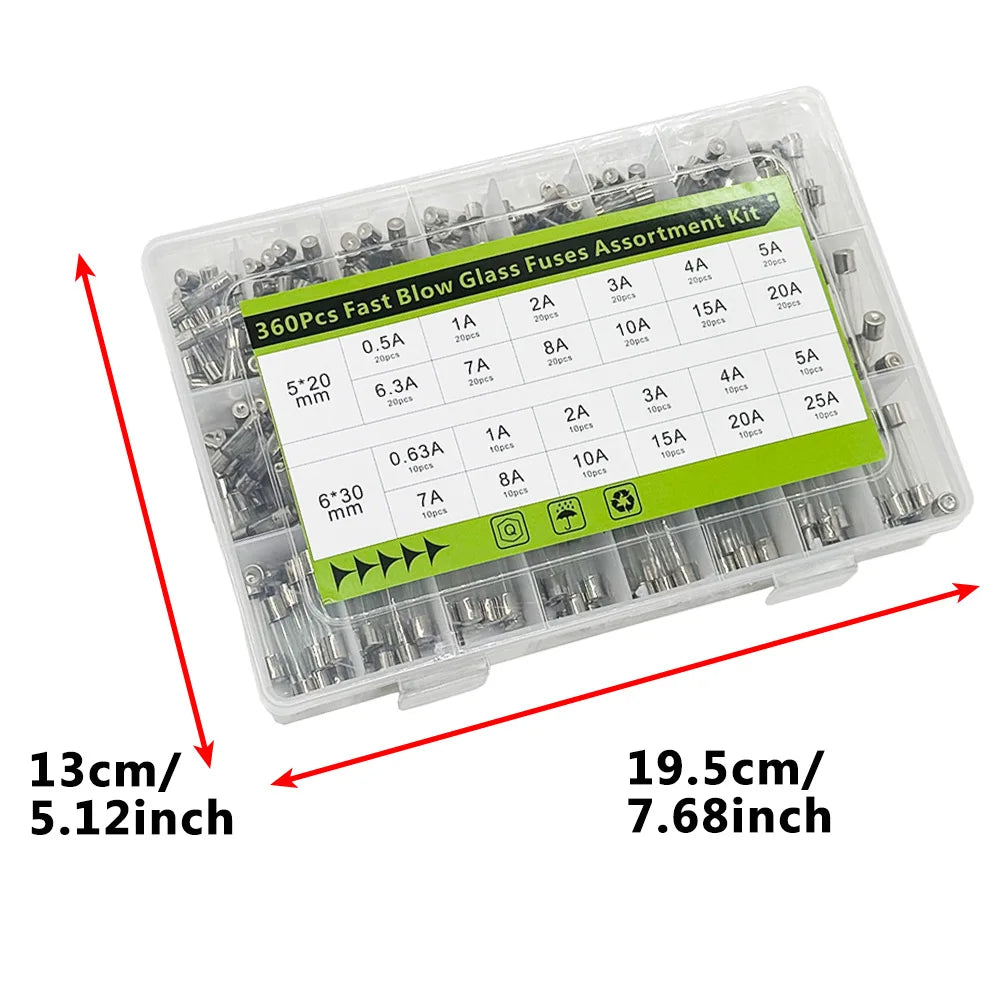360 Pcs Glass Tube Fuses Assortment Kit – 24 Values 250V Glass Fuse Kit Axl