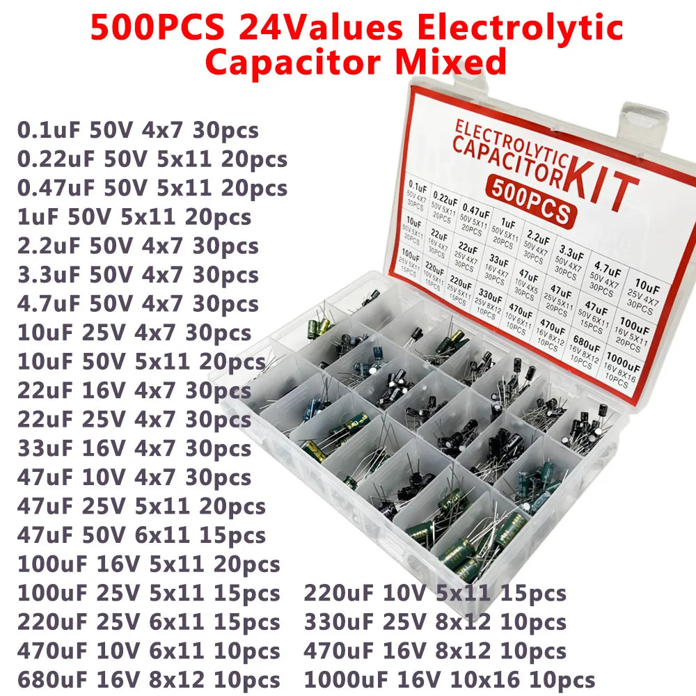500pcs Electrolytic Capacitor Kit – 24 Values 0.1µF–1000µF DIP Capacitor Assortment Kit Axl Default Title