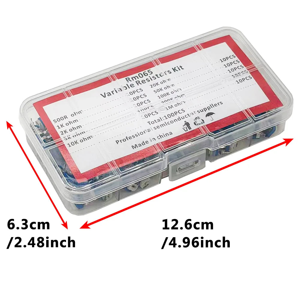100Pcs RM065 Variable Resistor Kit – 10 Values 500R–1M Trimmer Potentiometer Kit Axl