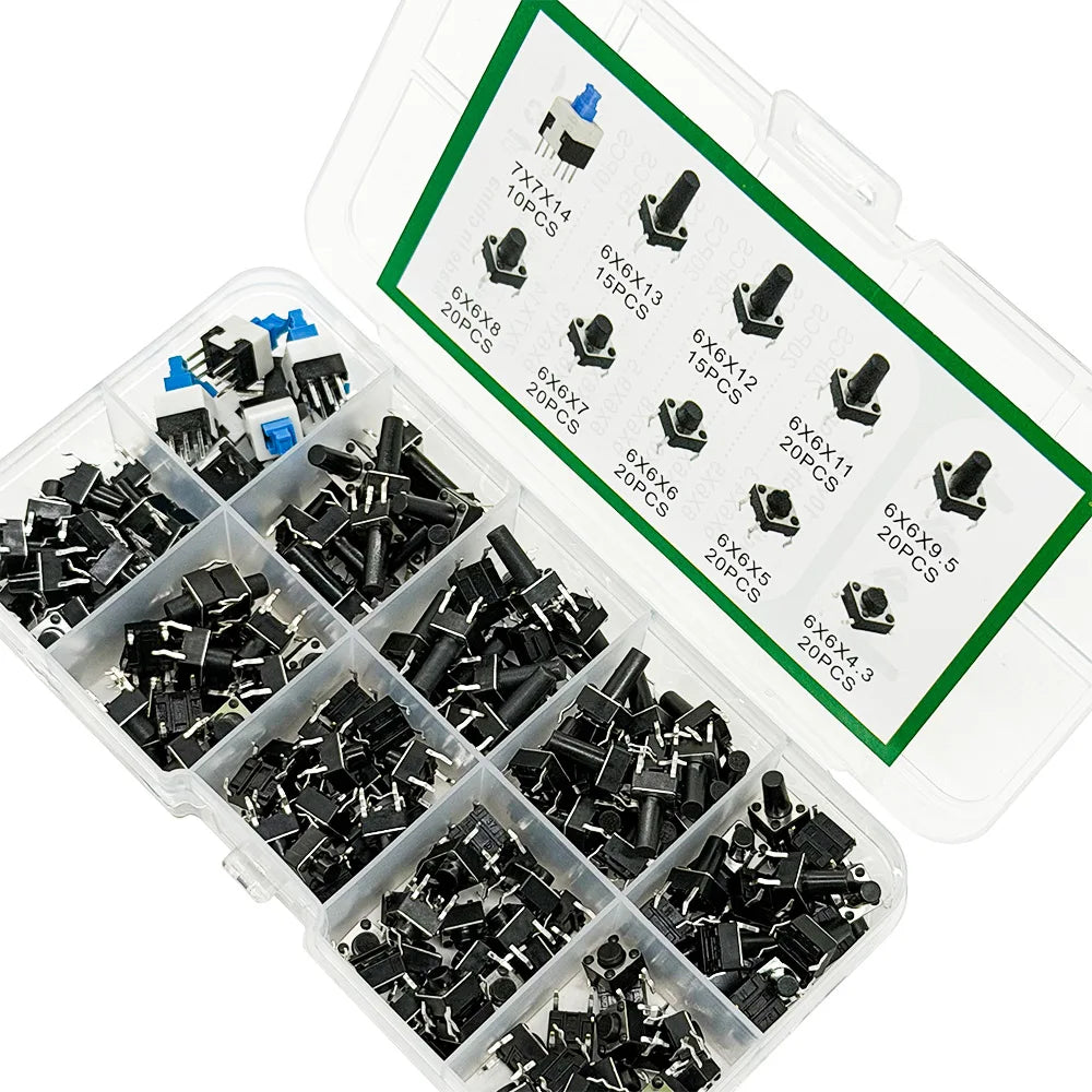 180PCS Micro Tactile Push Button Switch Kit – 10 Types 6x6mm Tactile Switch Kit Axl