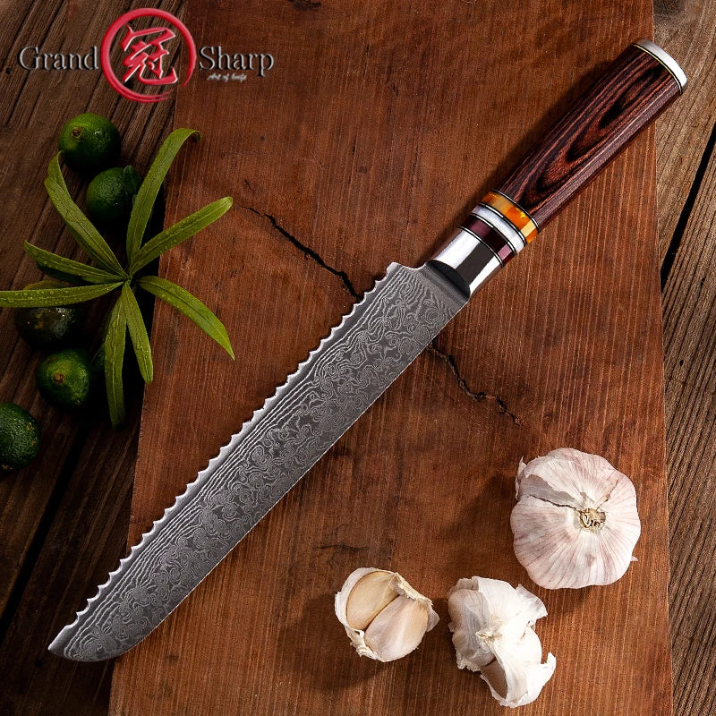 Grandsharp VG10 Damascus Serrated Bread Knife 20cm | DMS-018H Damascus Bread Knife Axl
