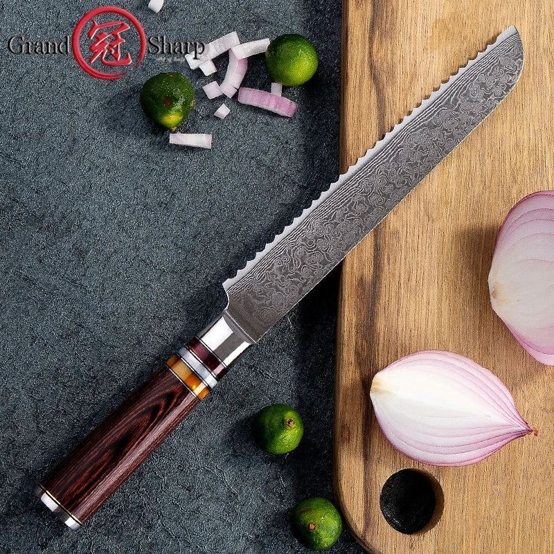 Grandsharp VG10 Damascus Serrated Bread Knife 20cm | DMS-018H Damascus Bread Knife Axl