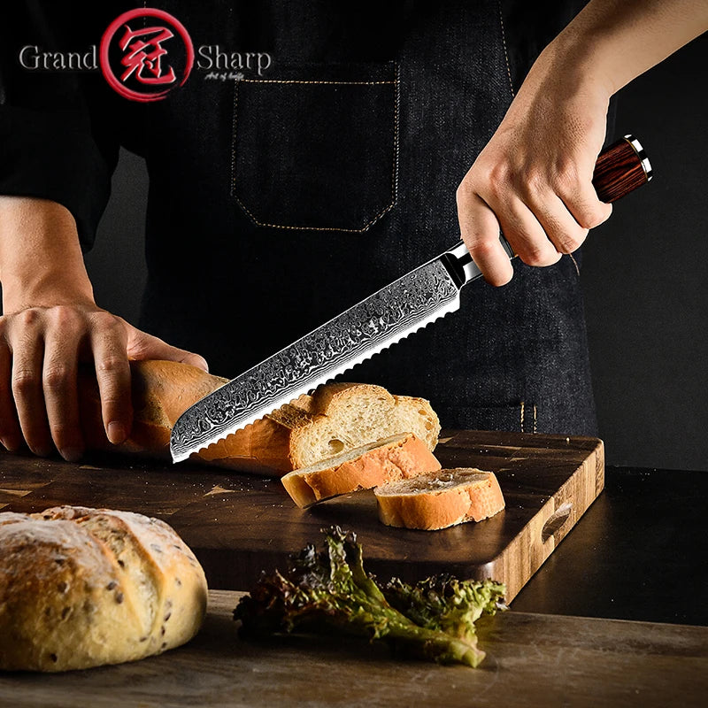 Grandsharp VG10 Damascus Serrated Bread Knife 20cm | DMS-018H Damascus Bread Knife Axl