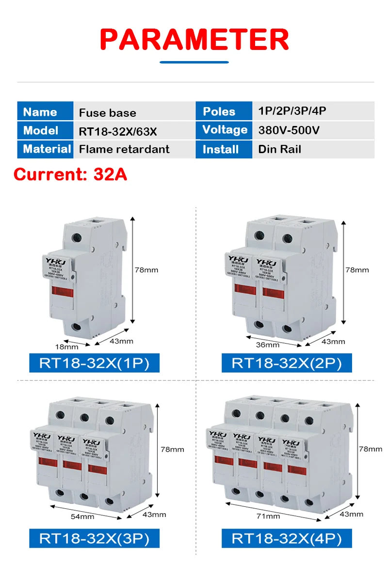 RT18-32X DIN Rail Fuse Holder 1P–4P 500V 10×38mm | CE Certified DIN Rail Fuse Holder Axl