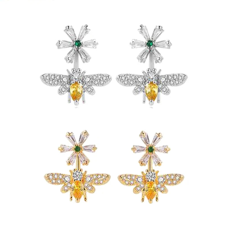 Huitan Flower Bee Stud Earrings | Gold & Silver Women's Jewelry Stud Earrings Axl
