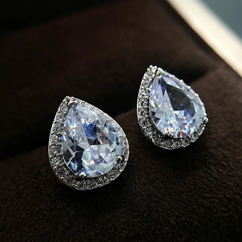 Huitan Pear Shape CZ Stud Earrings – Sparkling Fashion Jewelry CZ Stud Earrings Axl Silver Plated WHITE