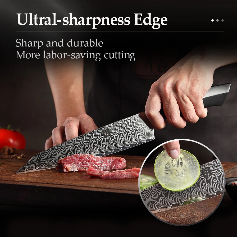 XINZUO 8.3" 67-Layer Damascus Steel Slicing Knife – G10 Handle Damascus Kitchen Knife Axl