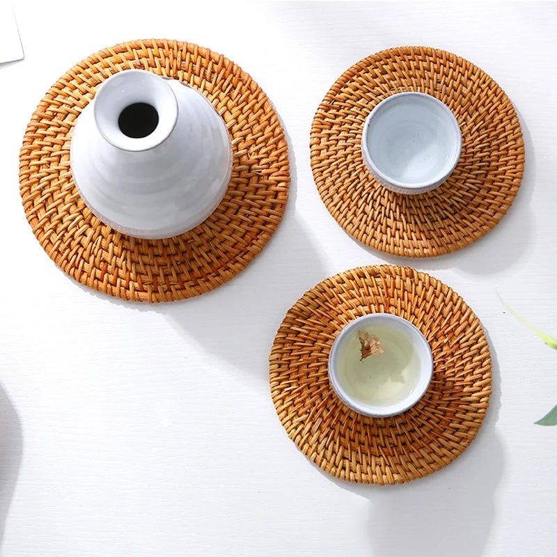 KEMORELA Round Rattan Coaster – Handmade Natural Cup Mat & Placemat Rattan Coaster Axl